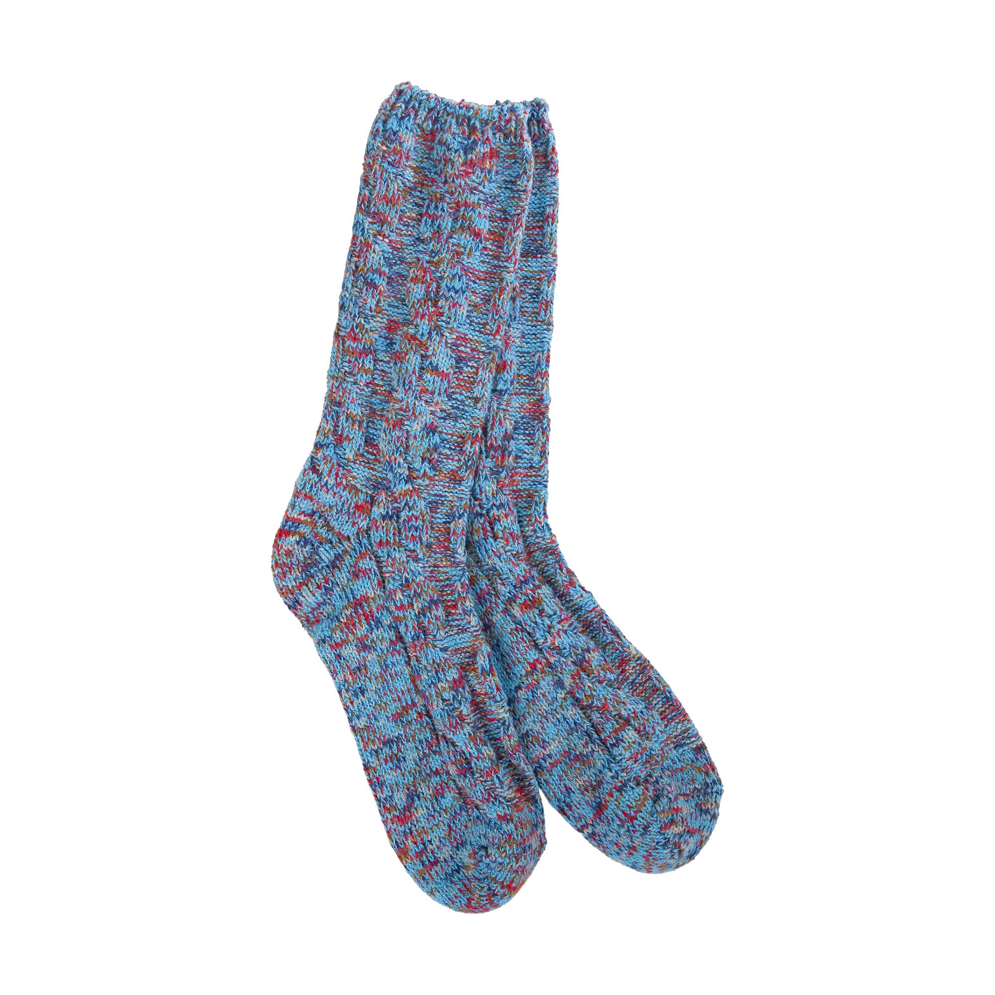 A pair of stylish, knitted socks from the Worlds Softest Ragg Cable Crew Socks Harmony, with a blue and red speckled pattern, displayed flat against a white background.