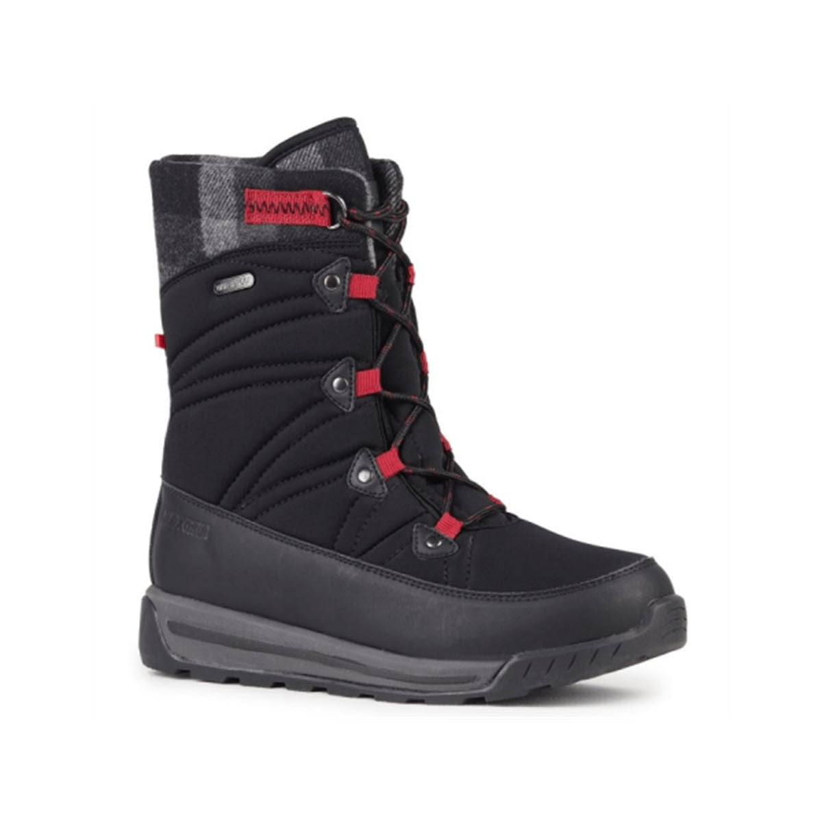 A NexGrip Ice Wonder High Black Repel - Womens winter boot with red detailing, featuring a high ankle design and laced front, set against a white background.