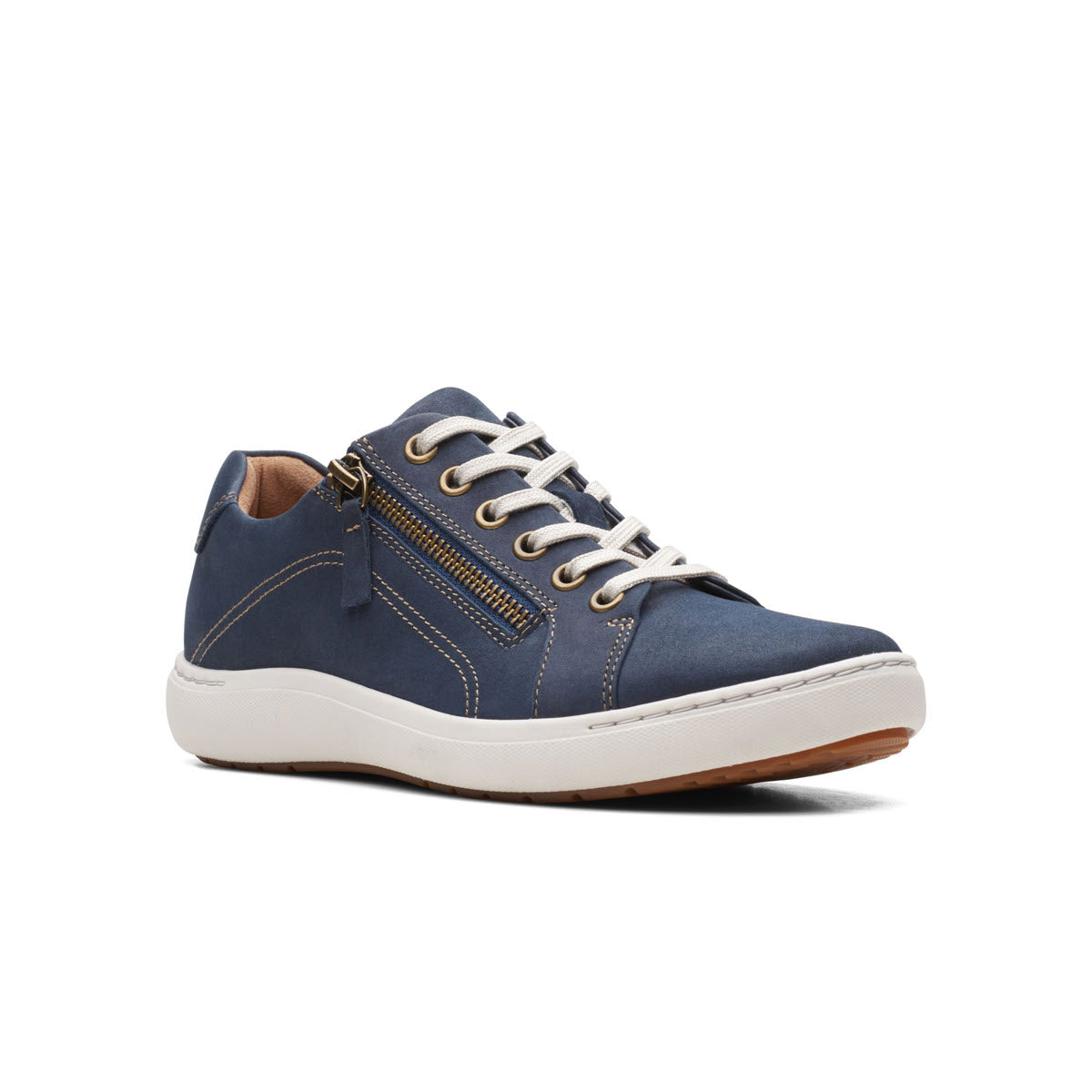 A single navy blue Clarks Nalle Lace sneaker with white soles and brown leather detailing, displayed against a white background.