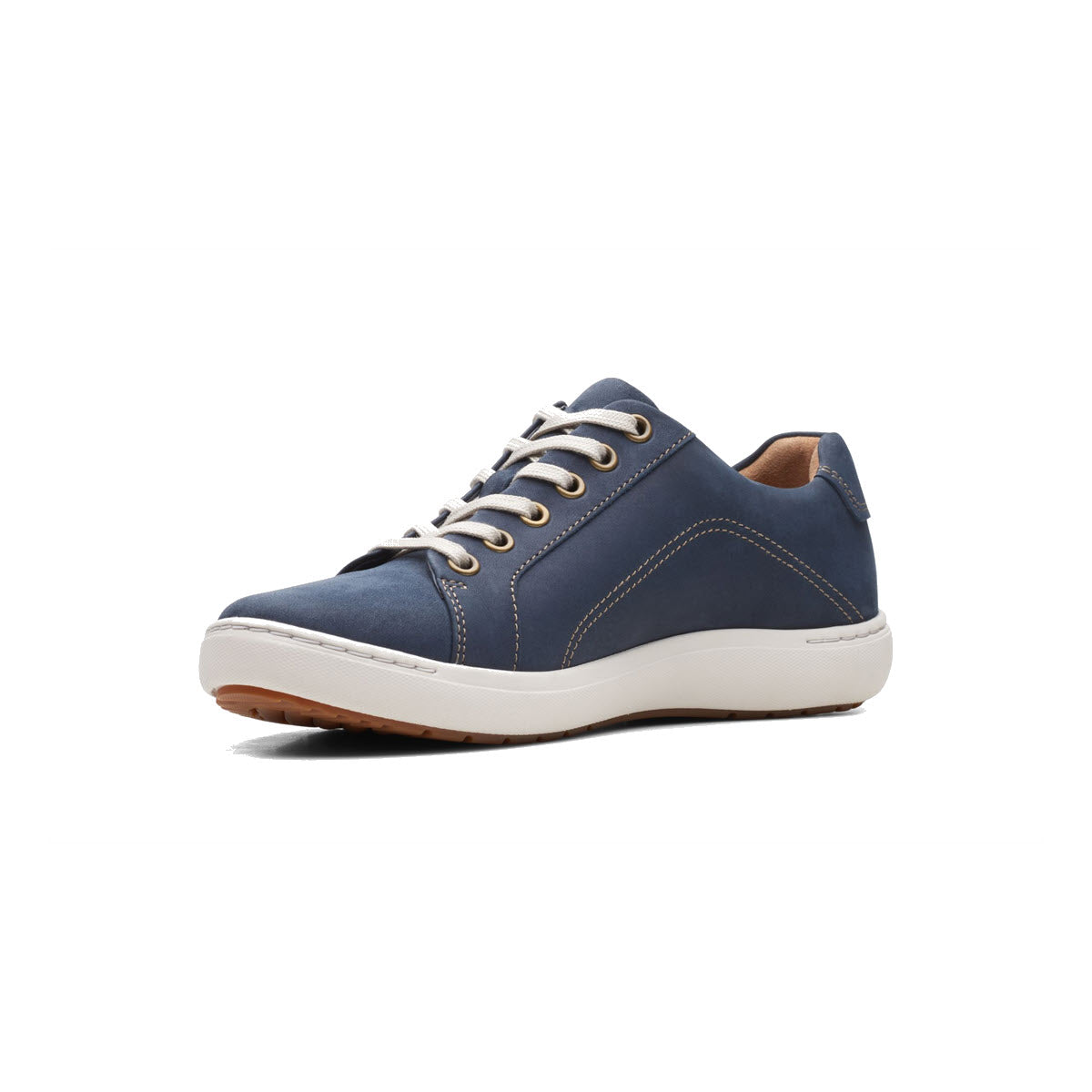 A single Clarks Nalle Lace sneaker in navy blue with white laces and a brown sole, isolated on a white background.