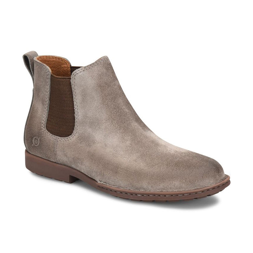 Light gray suede leather Born Shane Chelsea Boot with elastic side panel and brown sole, isolated on a white background.