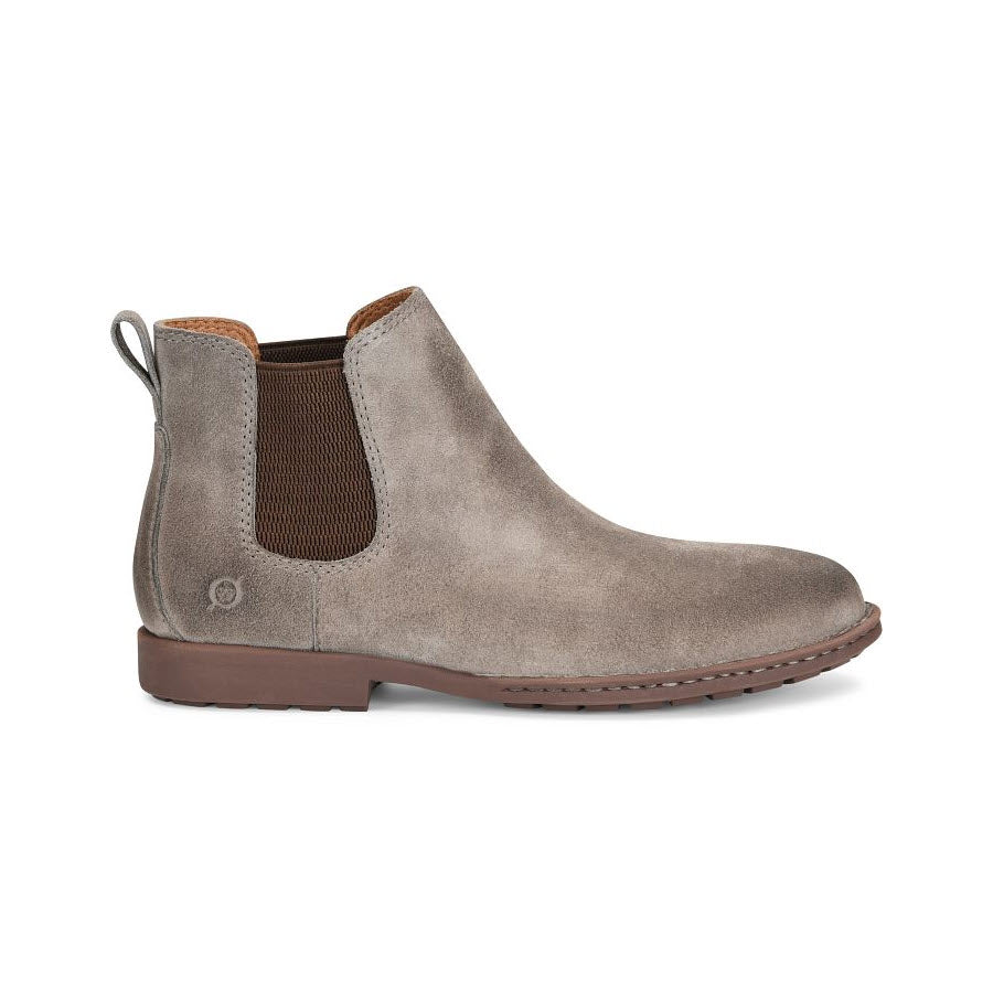 A single taupe suede leather Born Shane Chelsea Boot with elastic side panels and a small logo on the heel counter, displayed against a white background.