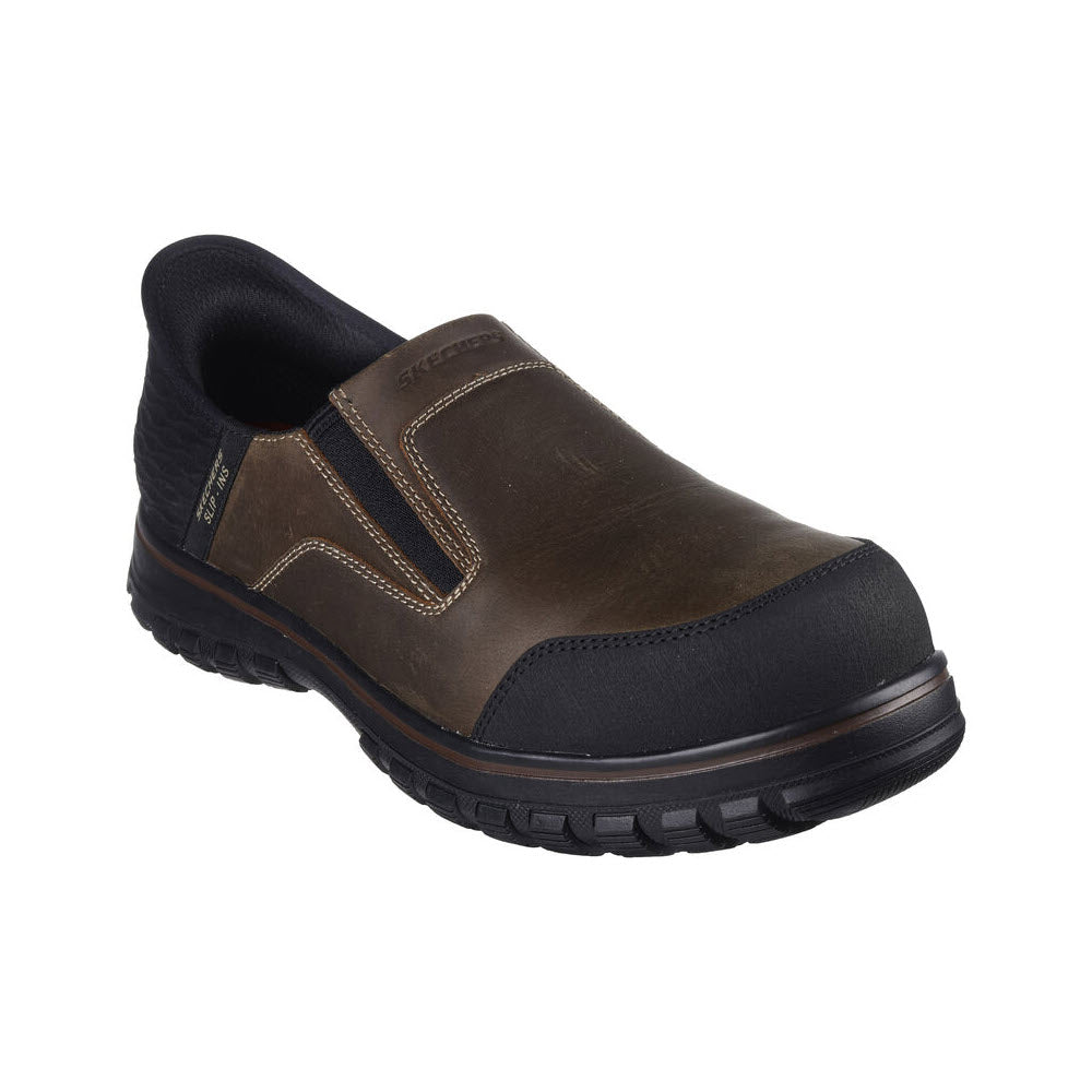 A single Skechers Loeman slip-on work shoe with a reinforced composite safety toe and elastic side panels on a white background.