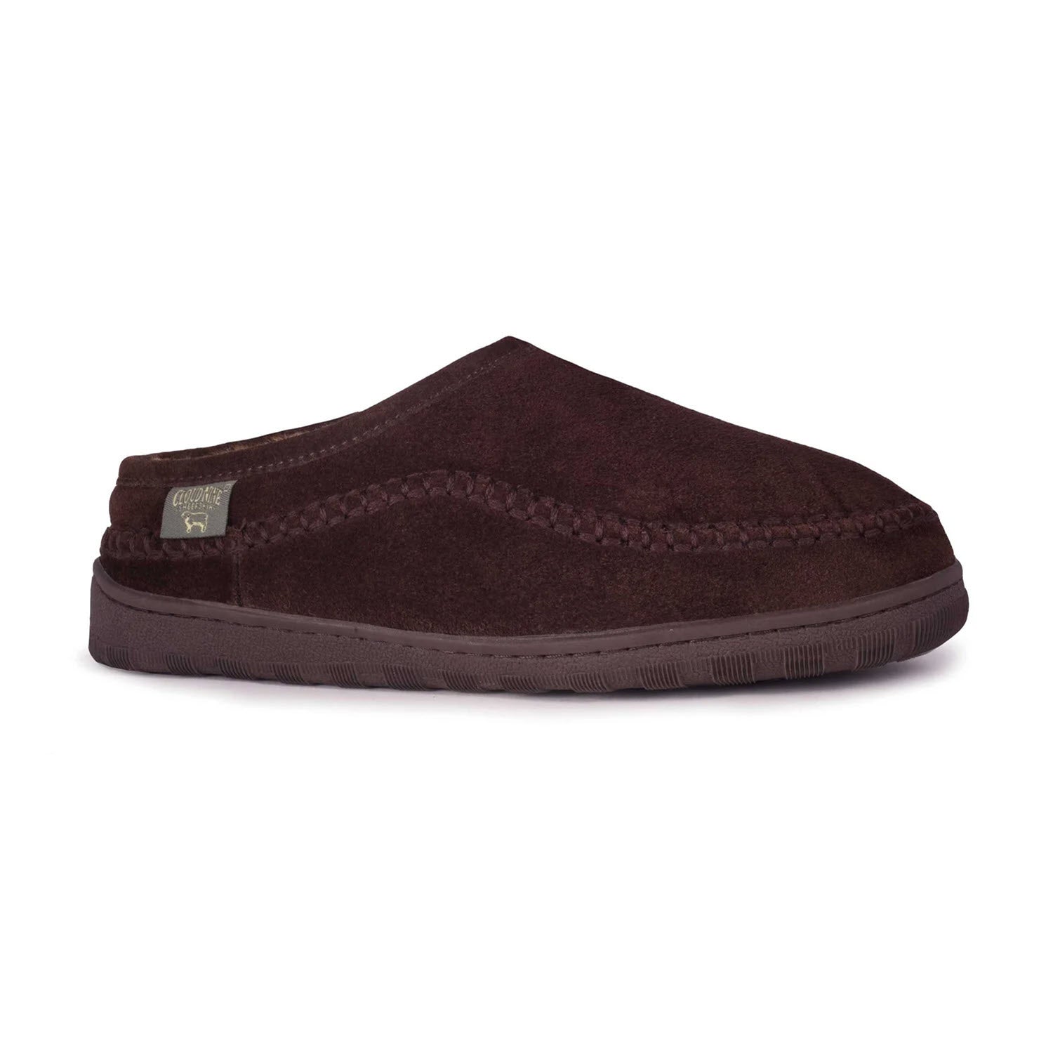 A single Cloud Nine Pacific Slide Chocolate Suede slipper by Deer Stags, designed for foot happiness, a round toe, and a flat rubber sole, isolated on a white background.