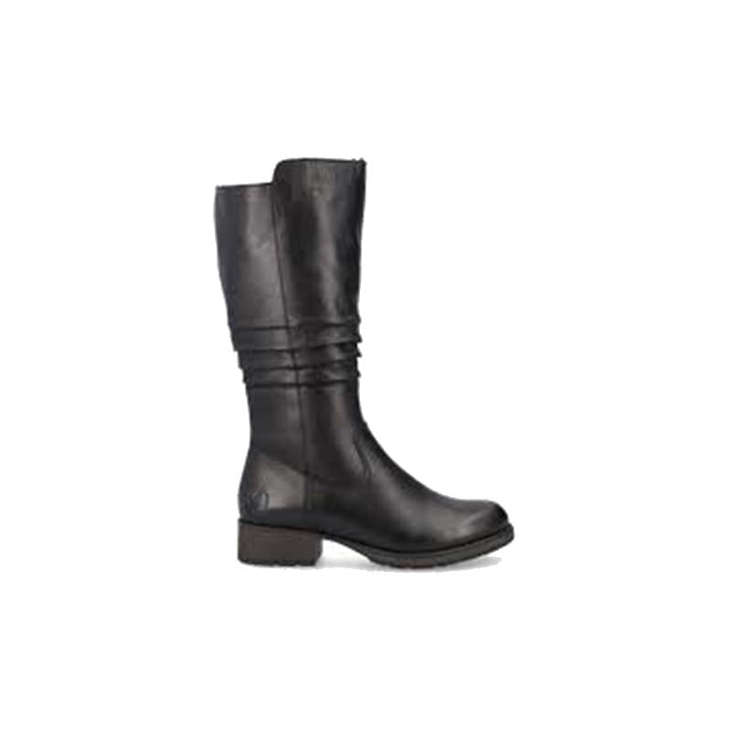 A single black breathable leather Rieker RIEKER ROUCHED MID BOOTIE BLACK - WOMENS mid-calf boot on a white background.