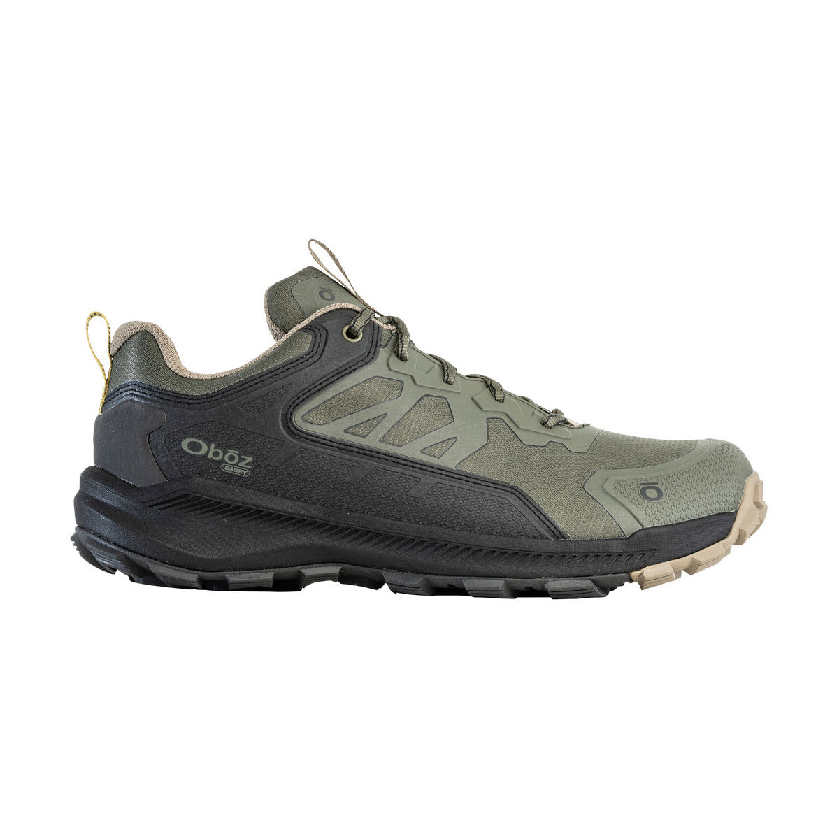 A single green and black Oboz Katabatic Low B-Dry Evergreen men&#39;s hiking shoe on a white background.