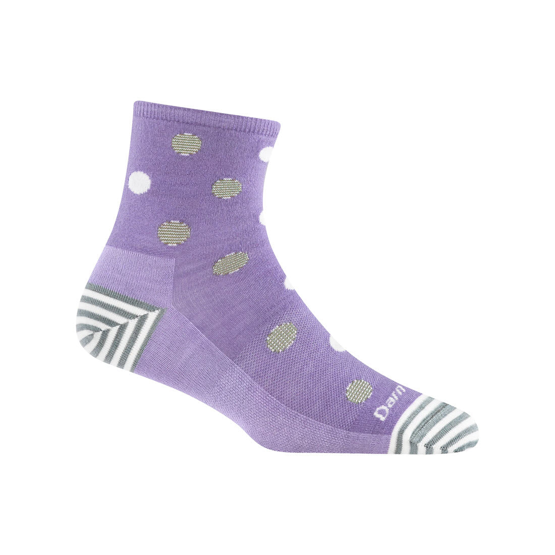 A single Lavender Darn Tough Dottie Shorty sock adorned with white polka dots and striped heel and toe sections, displayed against a white background. This Darn Tough sock offers classic character in its design.