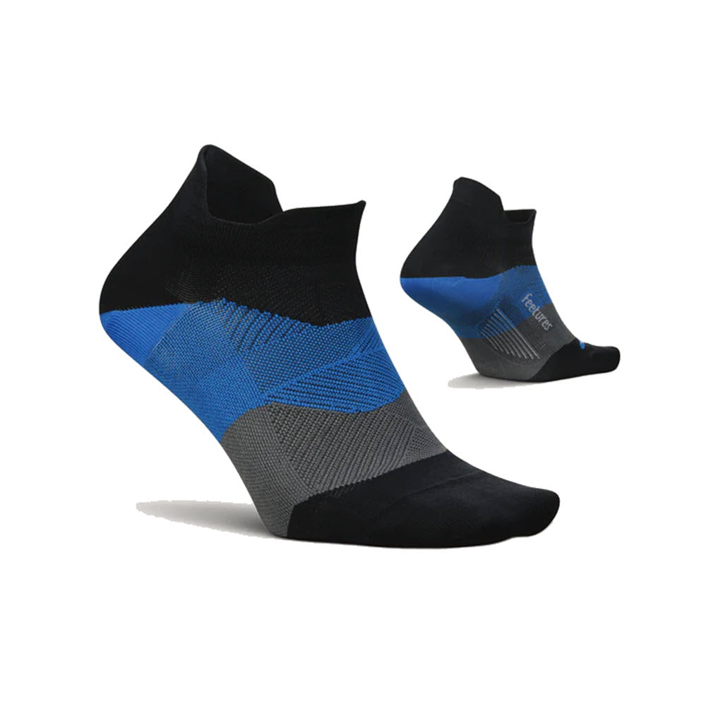 A pair of Feetures Elite Ultra Light No Show Tab socks in Tech Blue, displayed against a white background.