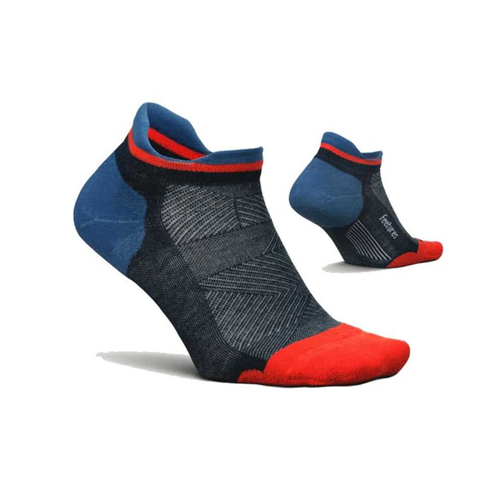 Three pairs of FEETURES ELITE MAX CUSHION NO SHOW TAB SOCKS ATMOSPHERIC BLUE in blue, gray, and red, made from iWick polyester fibers, displayed against a white background.