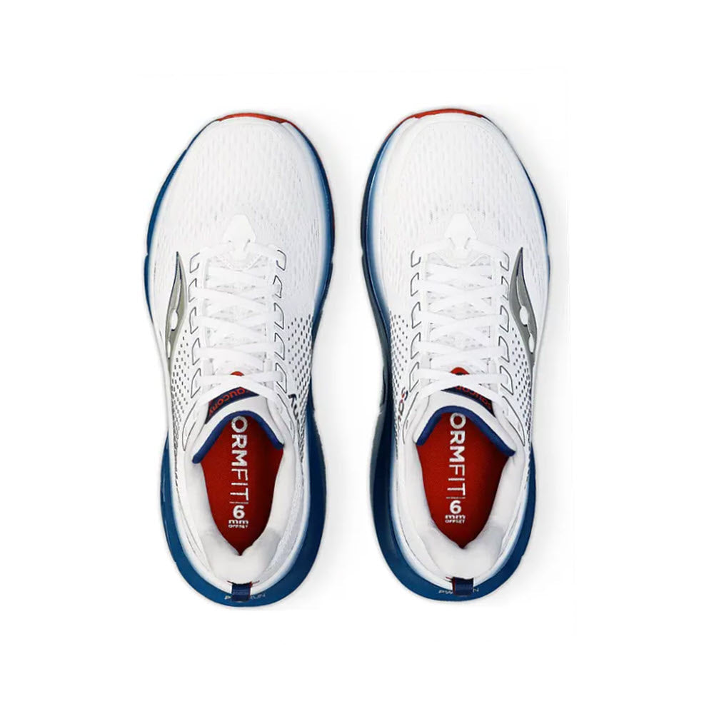 A pair of Saucony Guide 17 white/navy running shoes with blue and red accents, viewed from above.