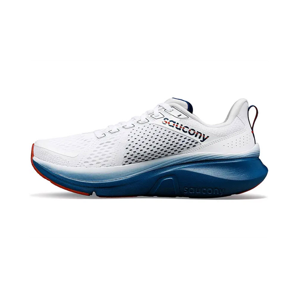 White and blue Saucony Guide 17 everyday running shoe with a mesh upper and prominent brand logo on the side.