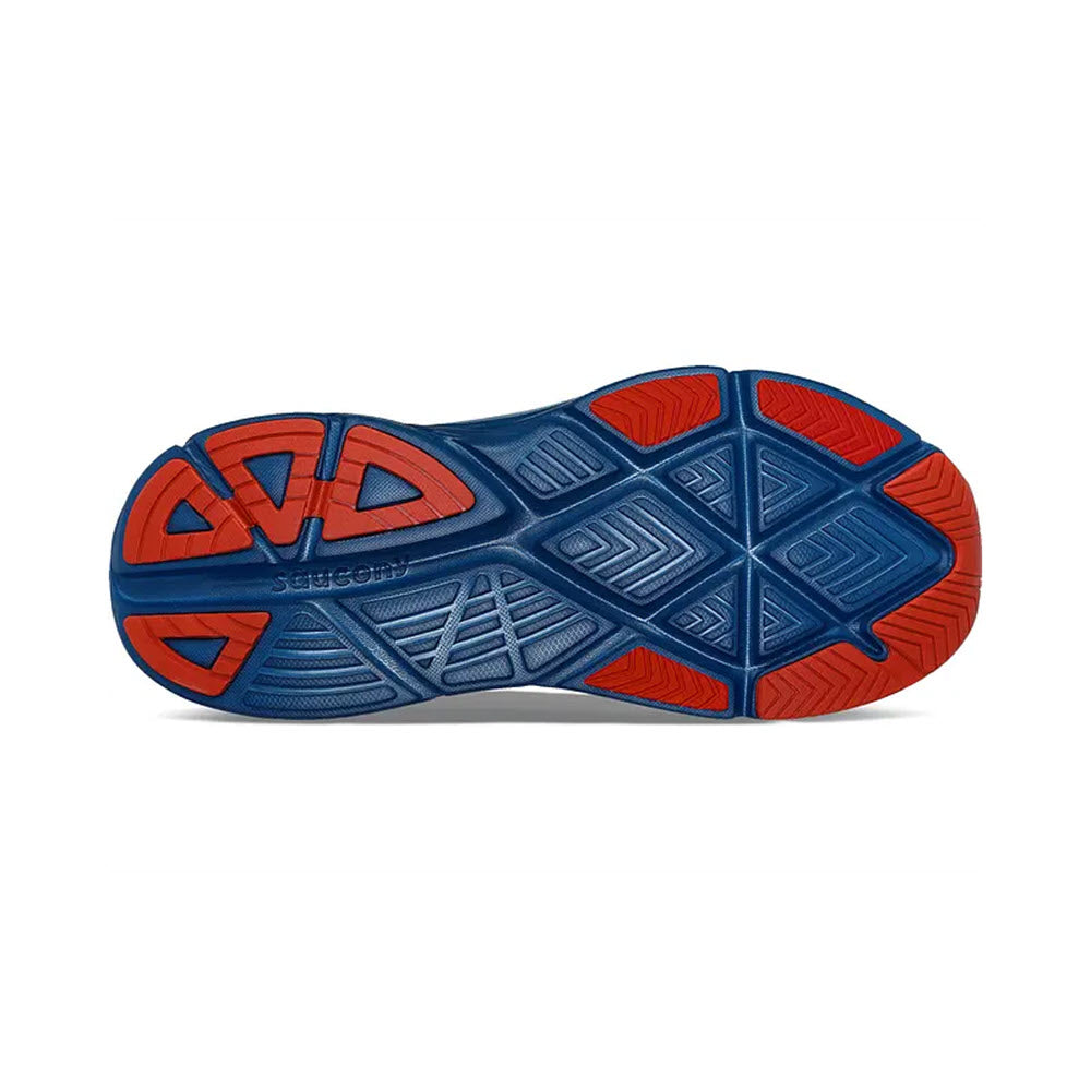 Blue and red rubber sole of a Saucony Guide 17 White/Navy - Mens everyday running shoe displaying a complex pattern of treads and max cushioned zones.
