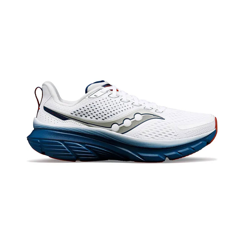 Saucony Guide 17 White/Navy - Mens everyday running shoe with navy blue sole and red accents on a white background, featuring max cushioned support.