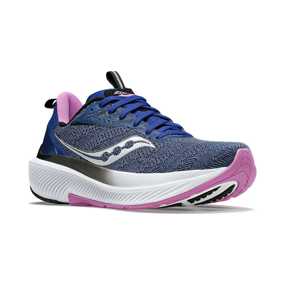 Blue and pink Saucony Echelon 9 Indigo/Grape women&#39;s running shoe with a white sole and a wavy black logo on the side.