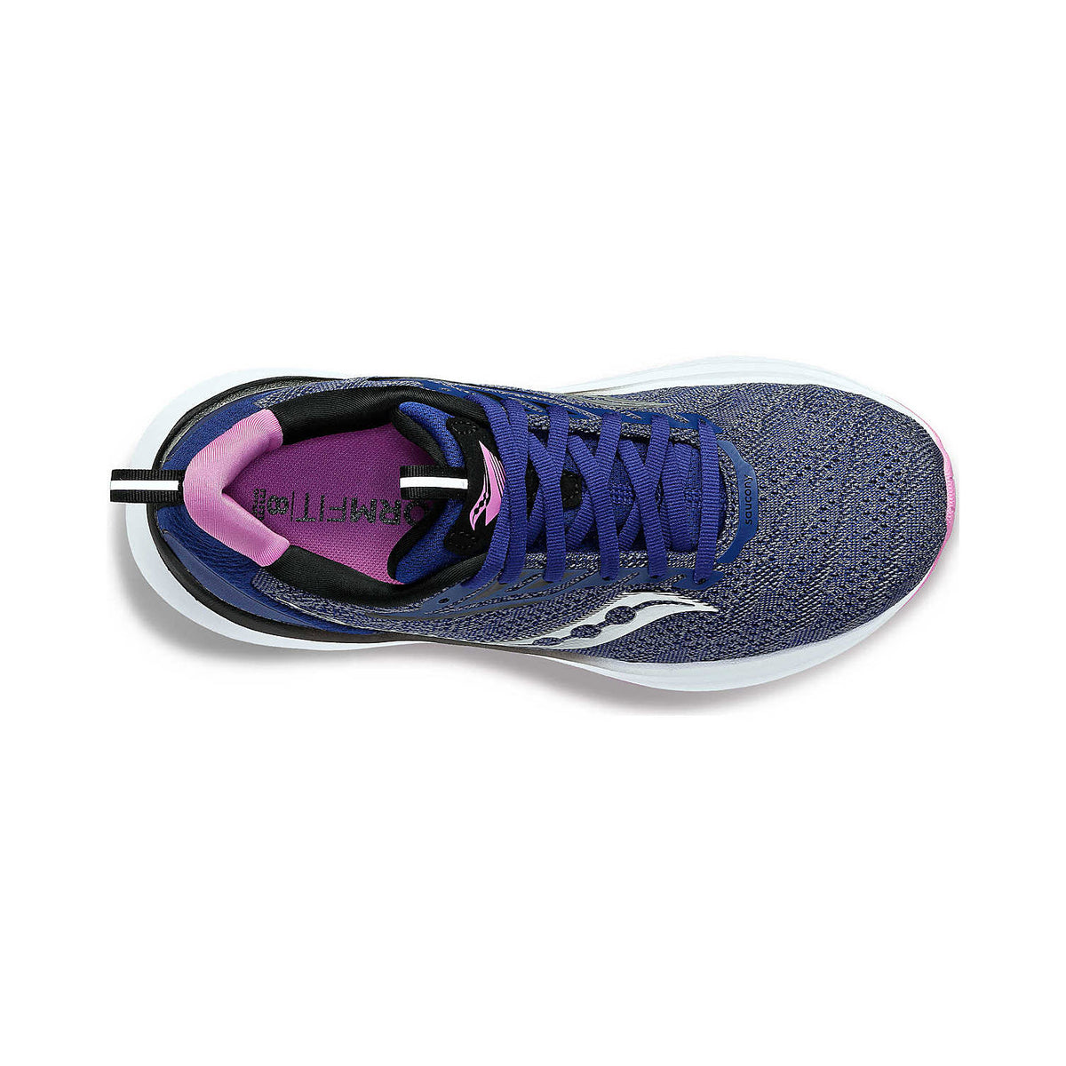 Top view of a Saucony Echelon 9 Indigo/Grape - Womens comfort shoe with pink accents and a black pull tab on the heel.