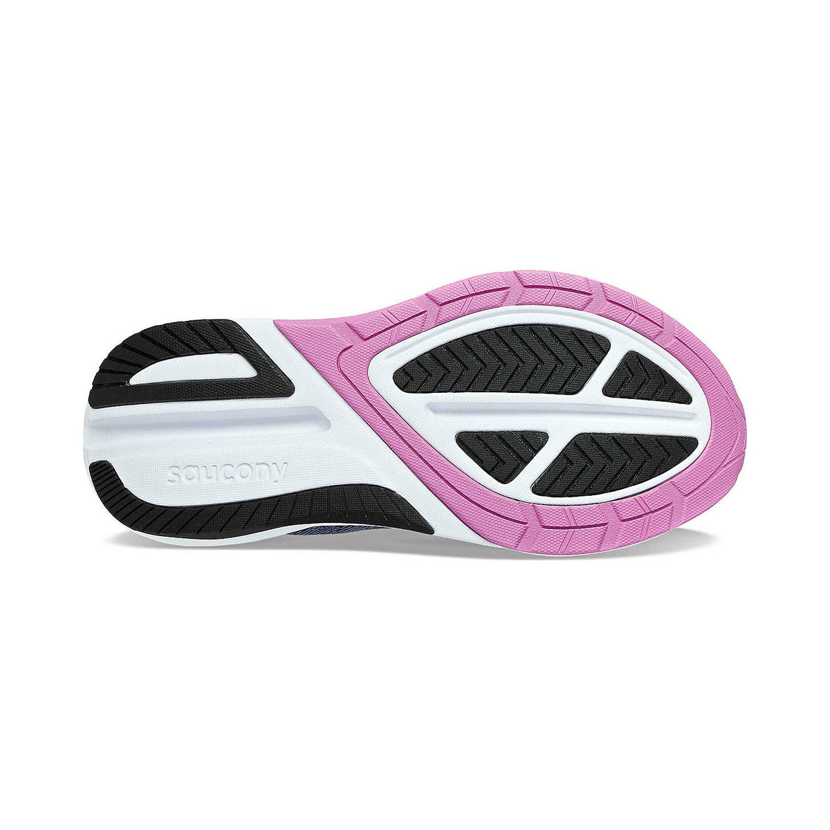 Bottom view of a SAUCONY ECHELON 9 INDIGO/GRAPE - WOMENS running shoe showing its white, black, and pink sole with Saucony logo visible.