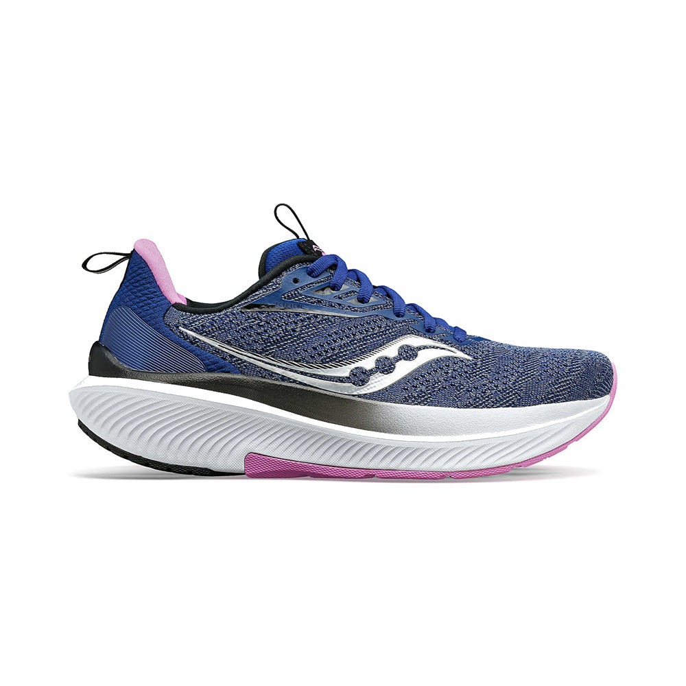 A single Saucony Echelon 9 Indigo/Grape comfort shoe with white soles and laces, featuring a wave-patterned design on the midsole and a visible brand logo on the side.