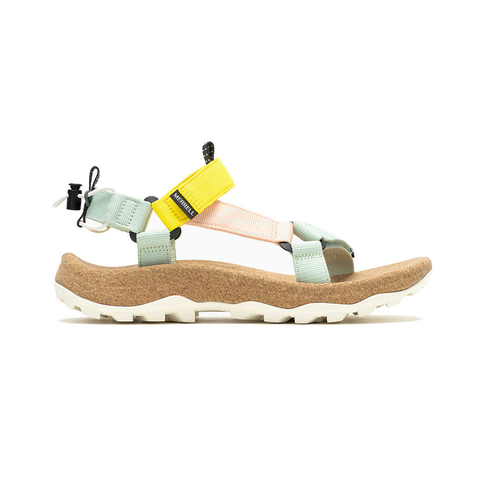 A sporty sandal with multiple pastel straps featuring recycled laces and a cork sole, isolated on a white background, the Merrell Speed Fusion Web Mentha/Peach - Women's.