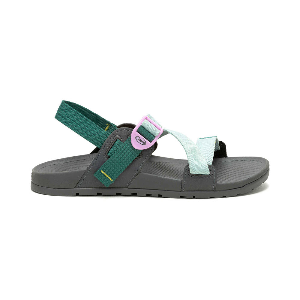 A single CHACO LOWDOWN SANDAL SURF SPRAY - WOMENS with green, white, and purple straps, displayed against a white background.