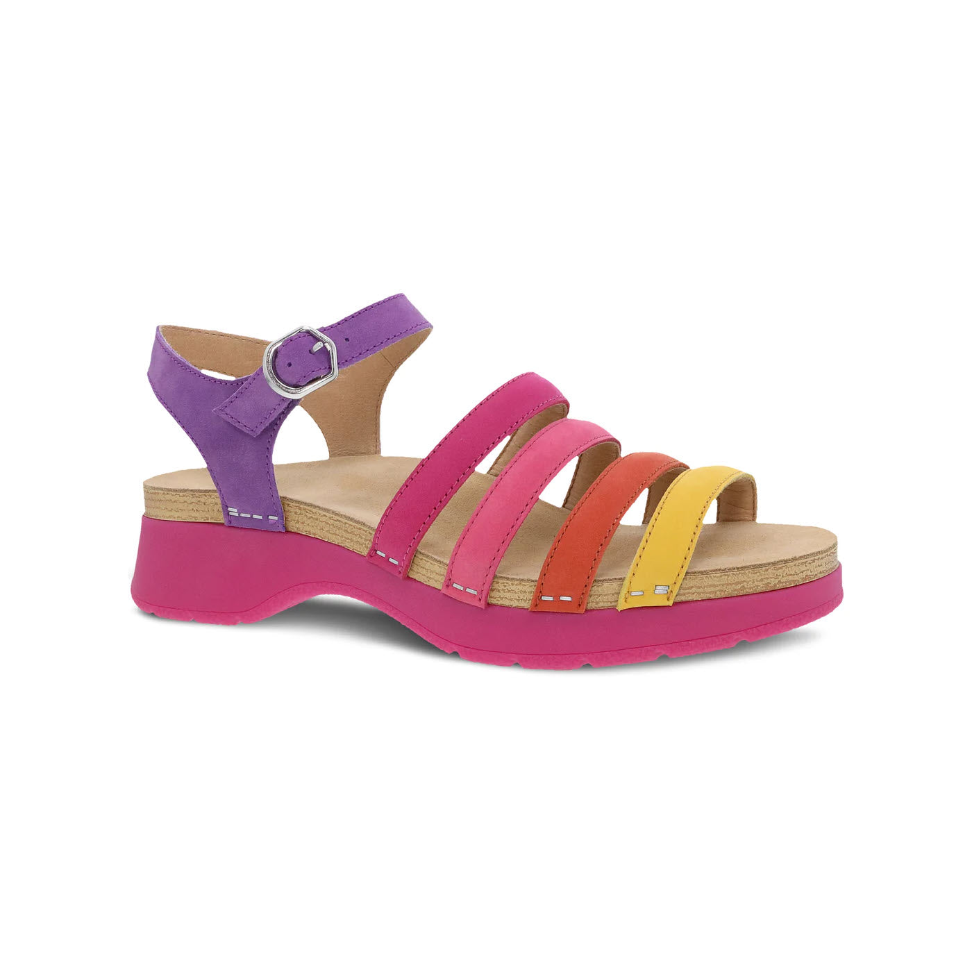A colorful sandal with cute colors like purple, pink, red, orange, and yellow straps, featuring a chunky heel and a side buckle. Try the Dansko Roxie Multi - Womens.