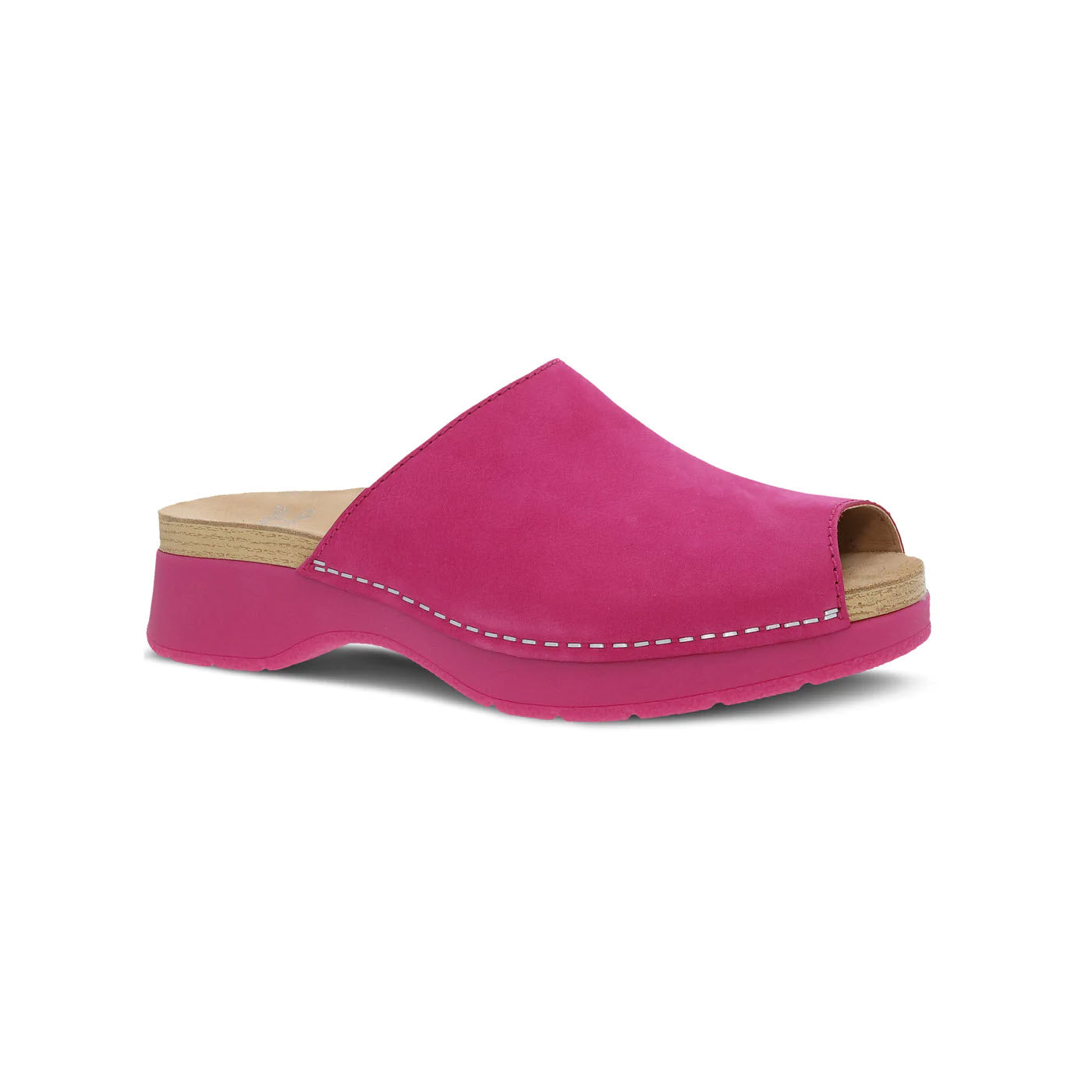 A bright pink, single-strap leather clog with a wooden sole and stapled construction, isolated on a white background - the Dansko Ravyn Fuchsia - Womens.