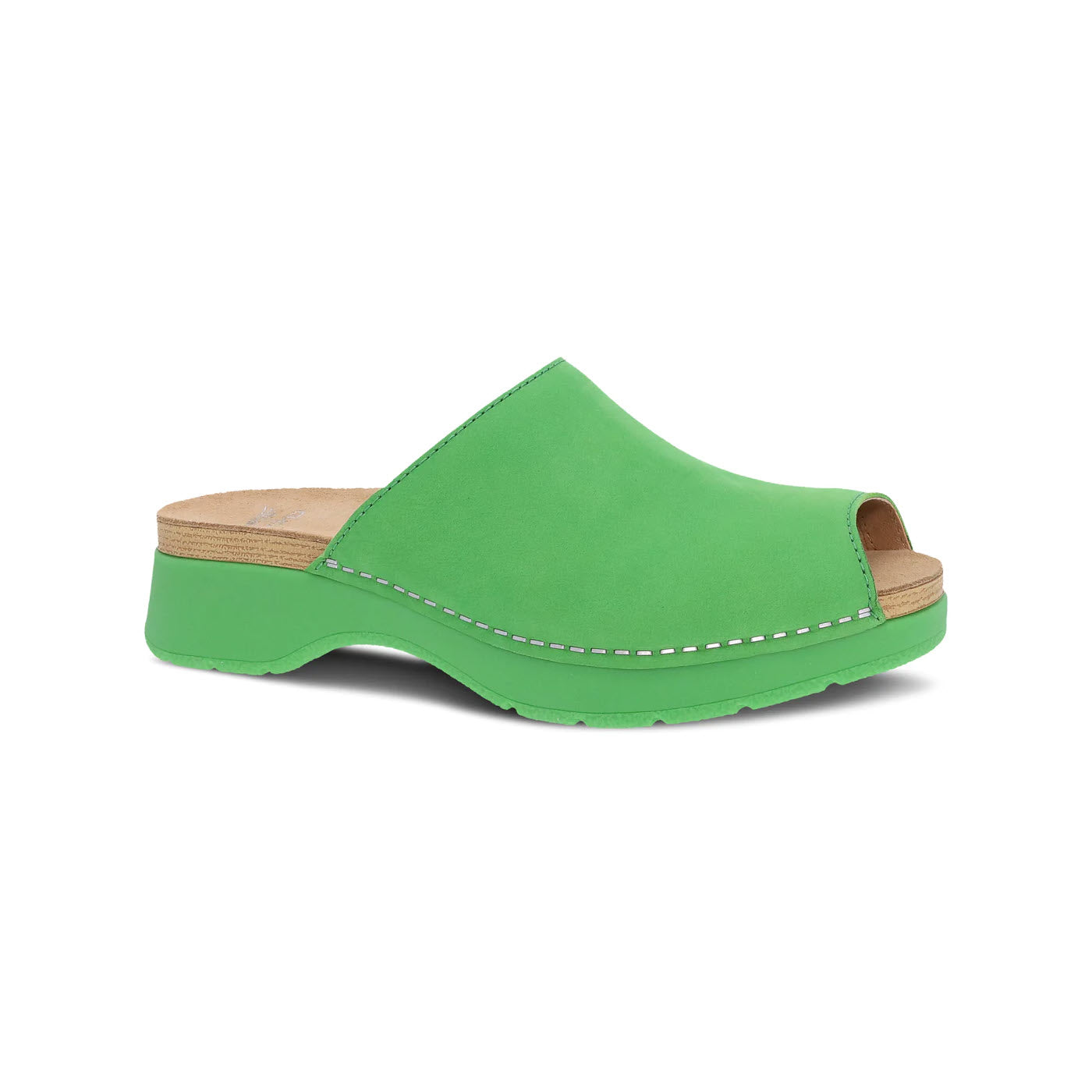 A vibrant green, single clog shoe featuring a peep toe, an open back, and noticeable stitching details on a white background. 
Product Name: Dansko Ravyn Lime - Womens
Brand Name: Dansko