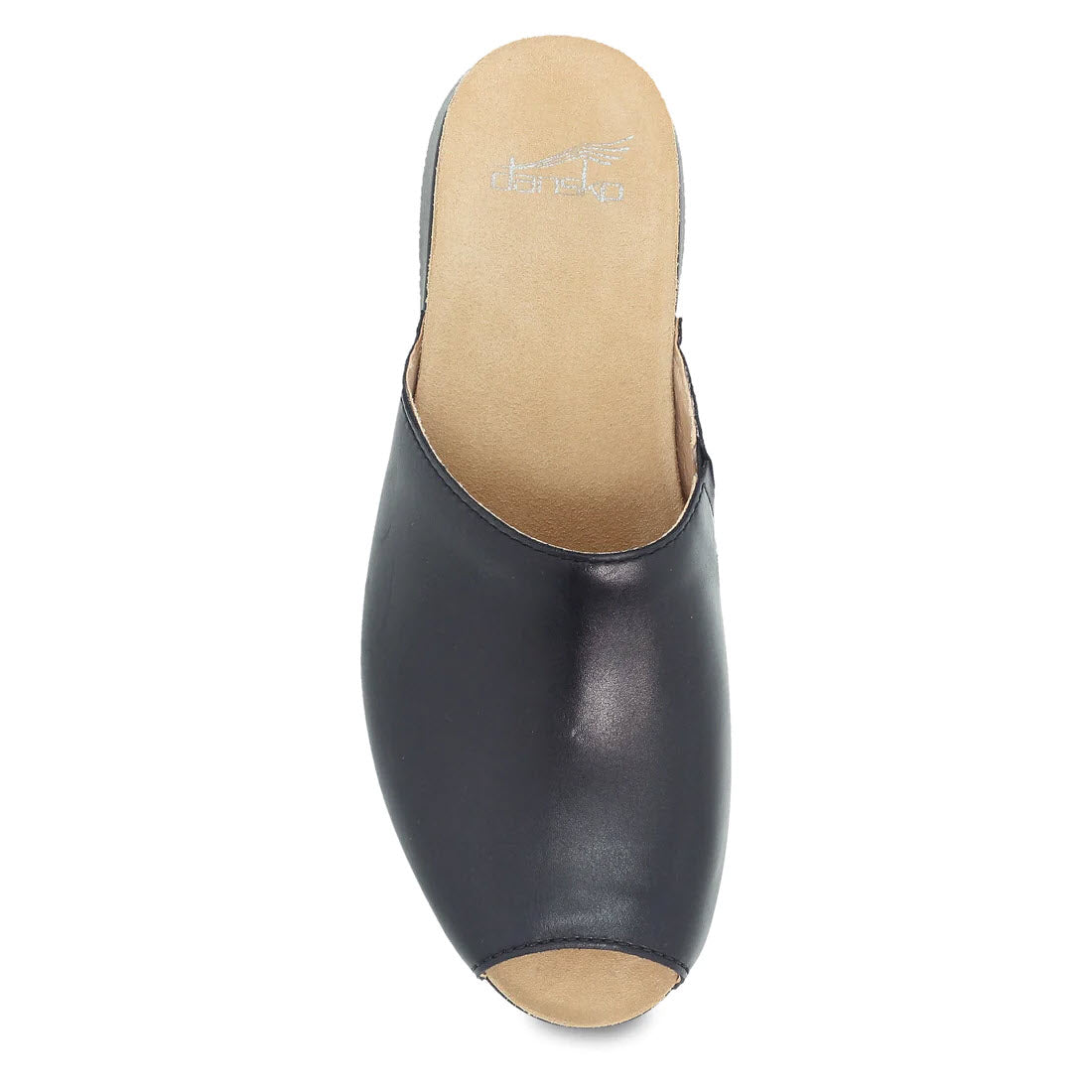 Top view of a Dansko RAVYN BLACK - WOMENS peep-toe mule shoe on a white background.