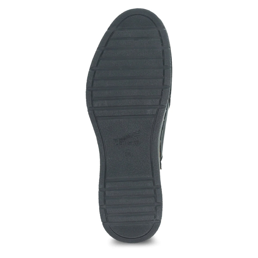 Bottom view of a Dansko shoe showing a textured sole with a brand logo &quot;Ravyn&quot; embossed in the center.