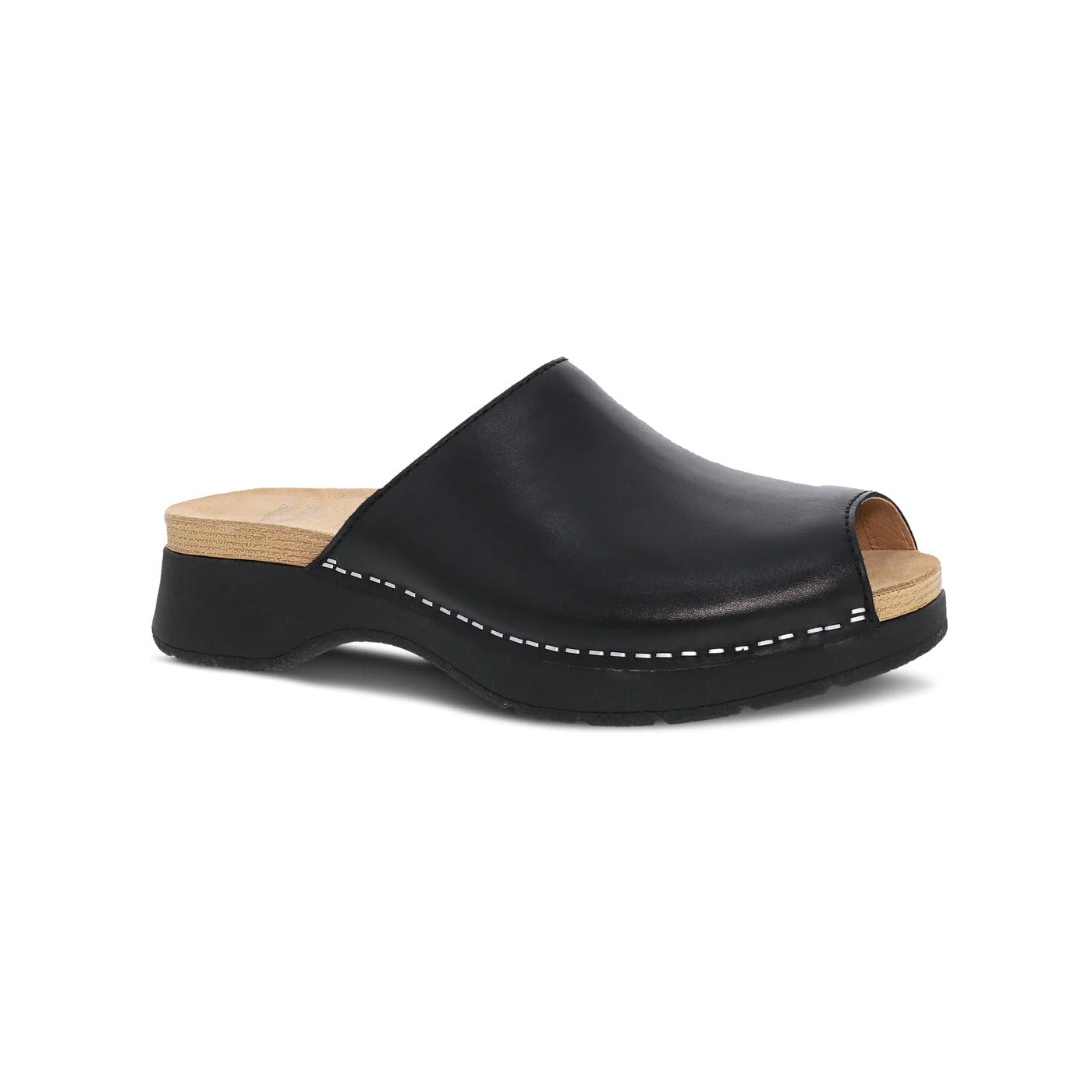 Dansko Ravyn Black clog with a wooden sole and stapled construction, featuring white stitching, shown in a side profile against a white background.