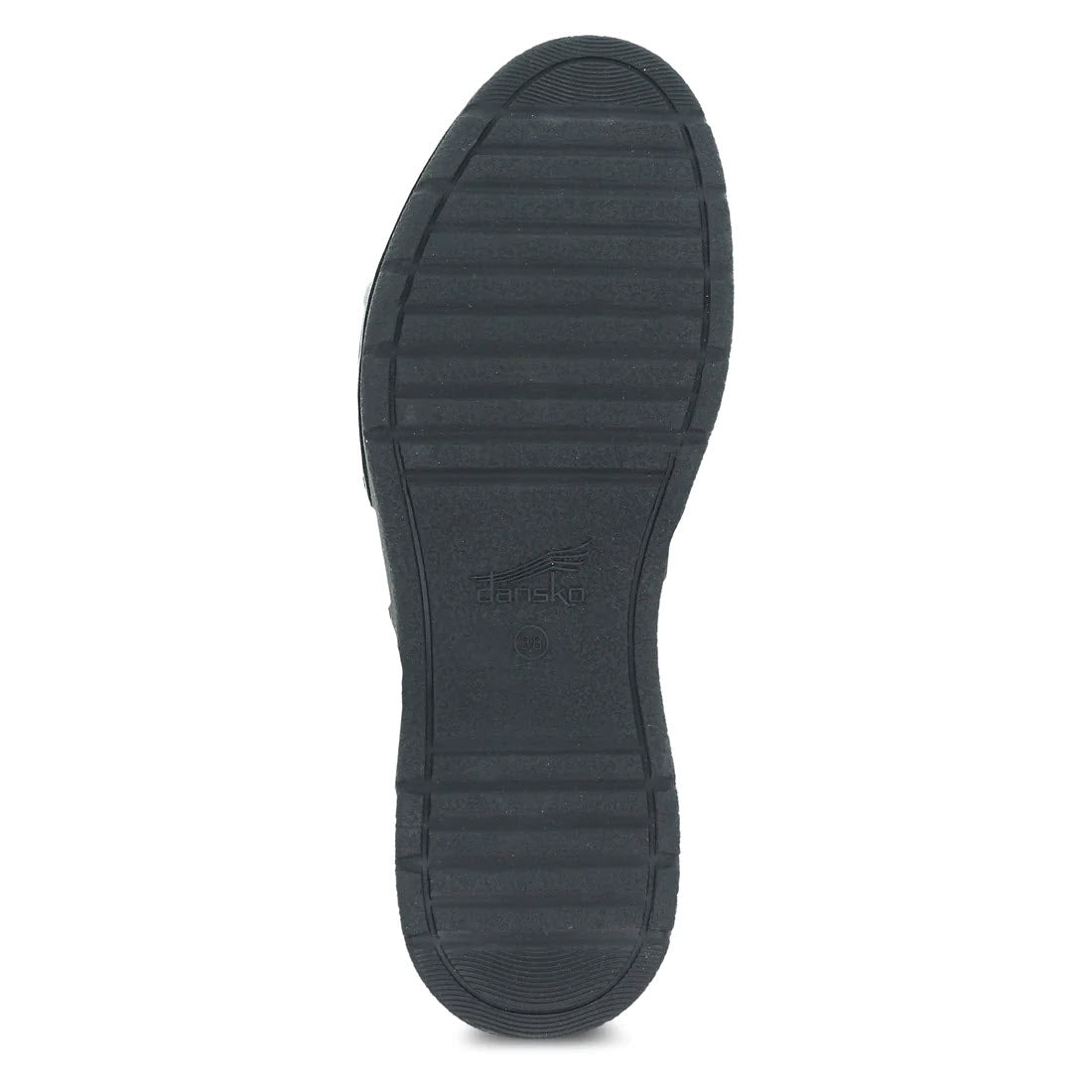 Close-up of the textured sole of a Dansko Rissa Black - Womens shoe showing horizontal treads and embossed with the brand name &quot;Dansko,&quot; perfect to elevate any outfit.
