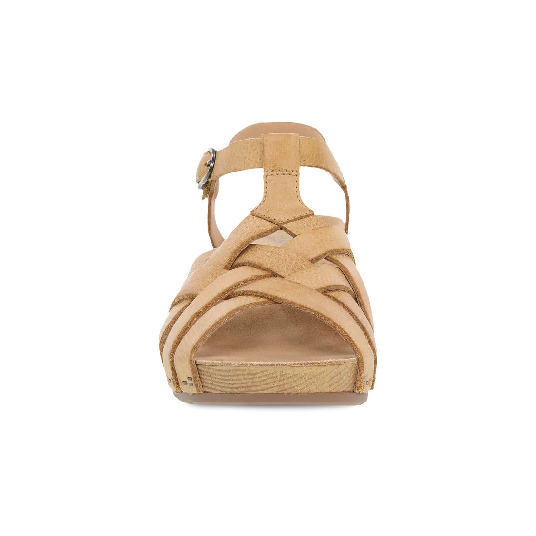 Beige high-heeled sandal with multiple straps and a buckle closure, crafted with woven leather uppers, shown from the front view on a white background. - DANSKO TINLEY TAN - WOMENS by Dansko