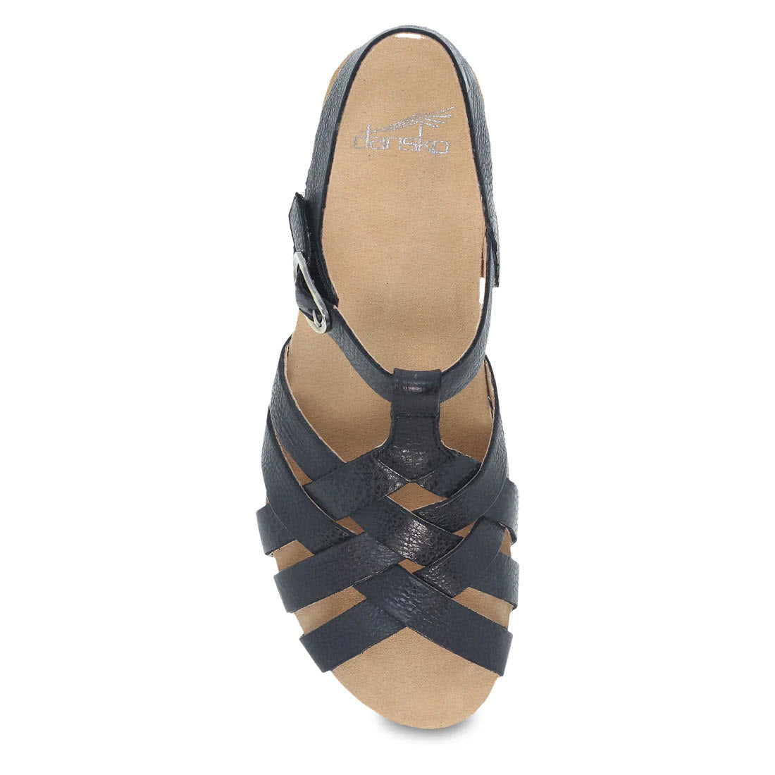 Top view of a Dansko Tinley Black sandal with a small heel and an ankle strap, featuring woven leather uppers, displayed on a white background.