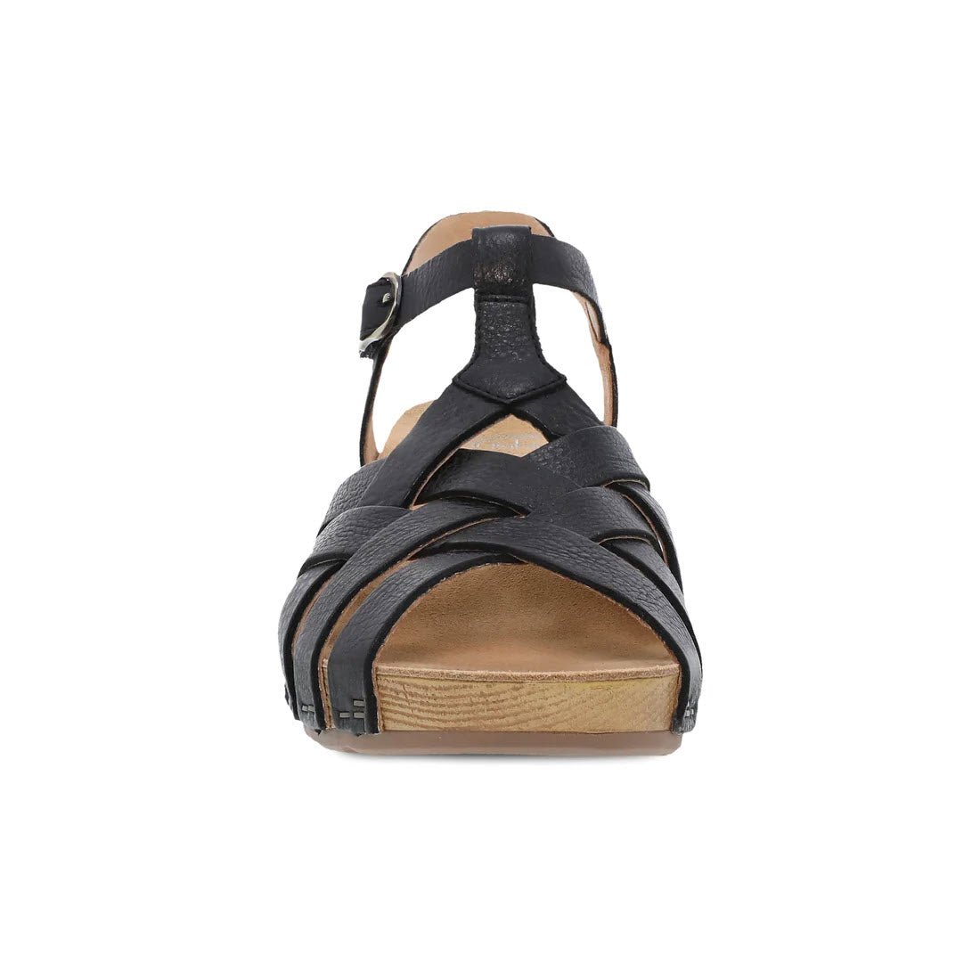 A Dansko Tinley Black women&#39;s sandal with chunky chic soles and buckle closure, displayed on a white background.