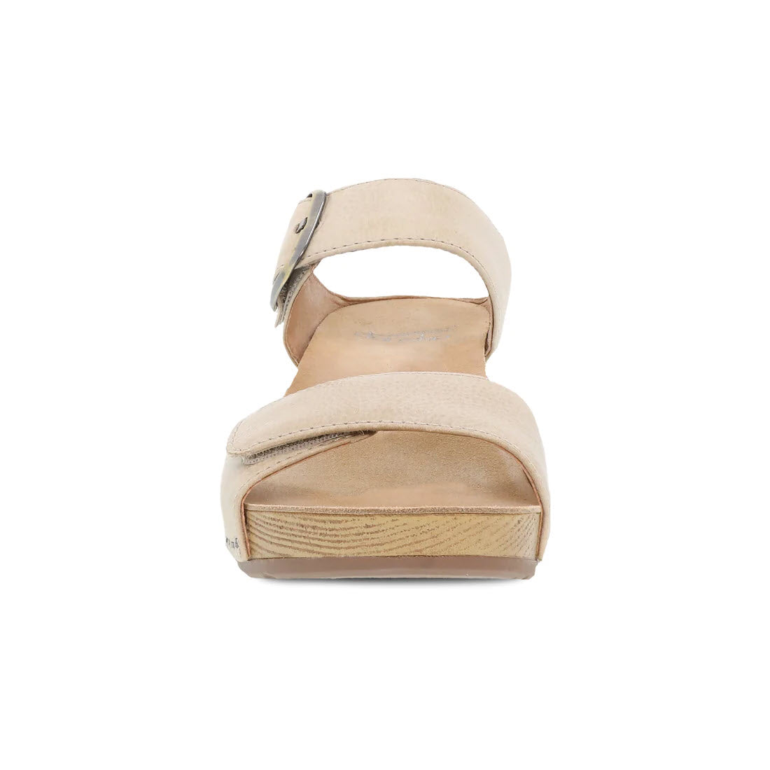A Dansko Tanya Linen women&#39;s platform sandal with a thick strap and buckle closure, viewed from the front.