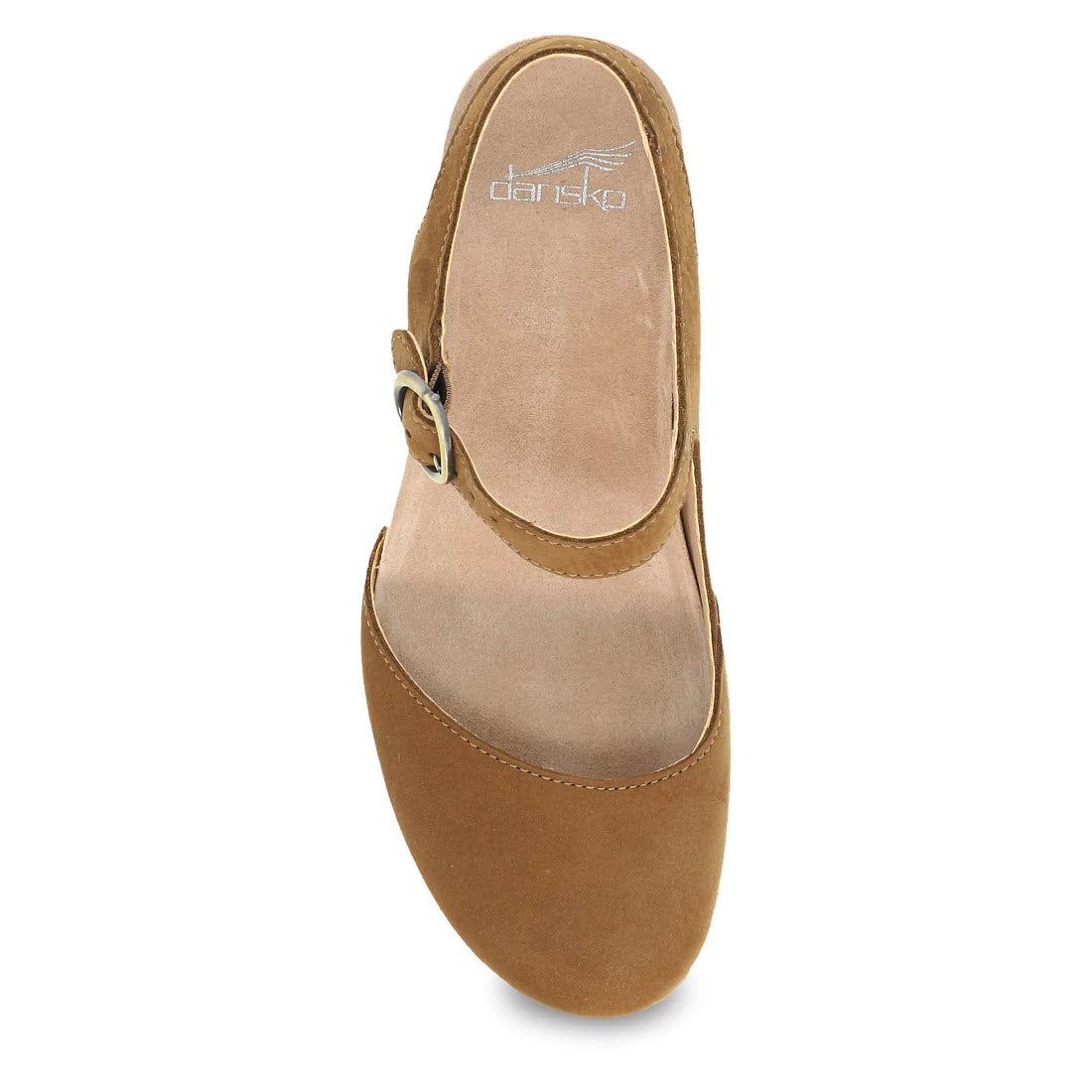 A top-down view of a single tan-colored women&#39;s Dansko Taytum mary jane shoe with a buckle.