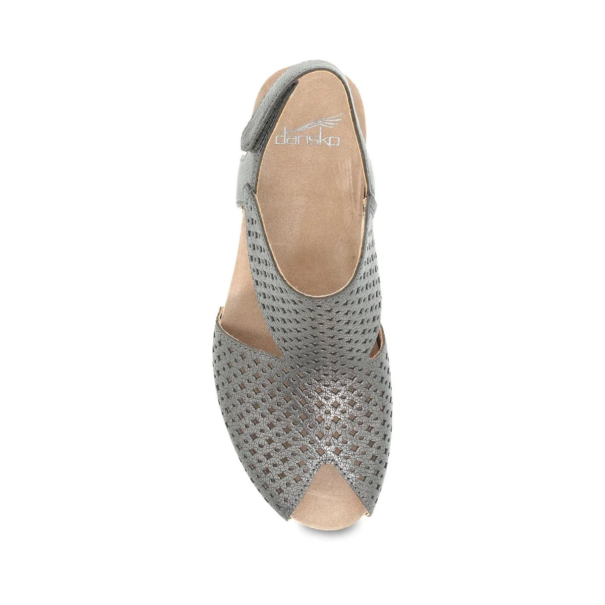 Top view of a gray, perforated women&#39;s Dansko Teagan Gunmetal Metallic sandal with a t-strap design and an open toe, isolated on a white background.