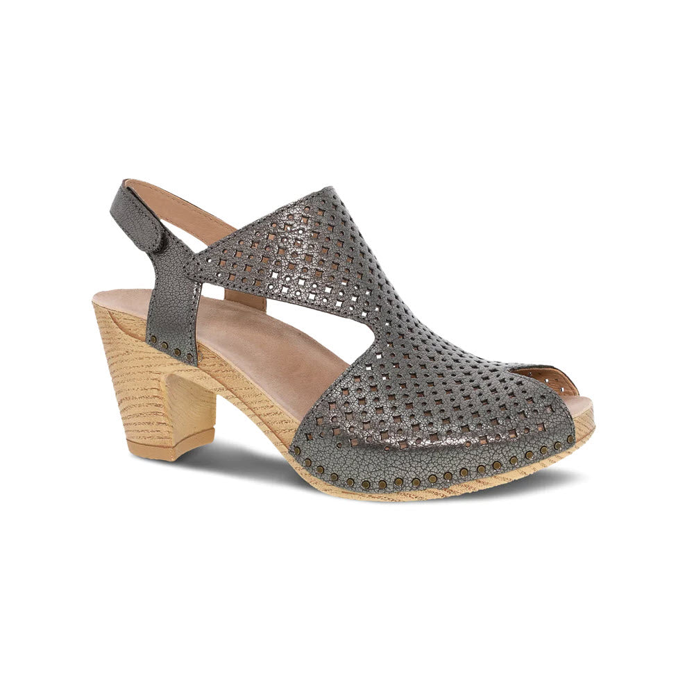 A grey, perforated Dansko Teagan Gunmetal Metallic sandal with an ankle strap and a chunky wooden heel.