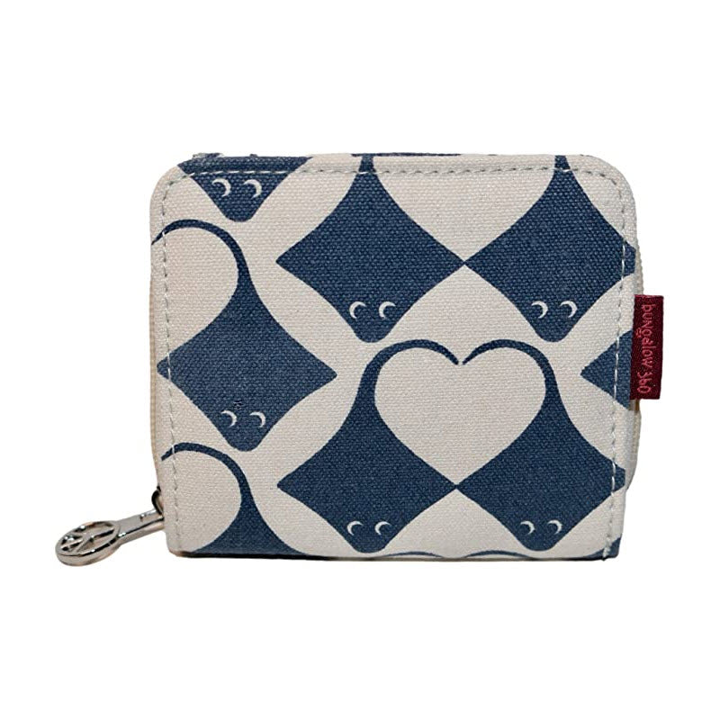 A small, square-shaped Bungalow 360 billfold wallet stingray with blue and white heart and diamond patterns and a silver zipper.