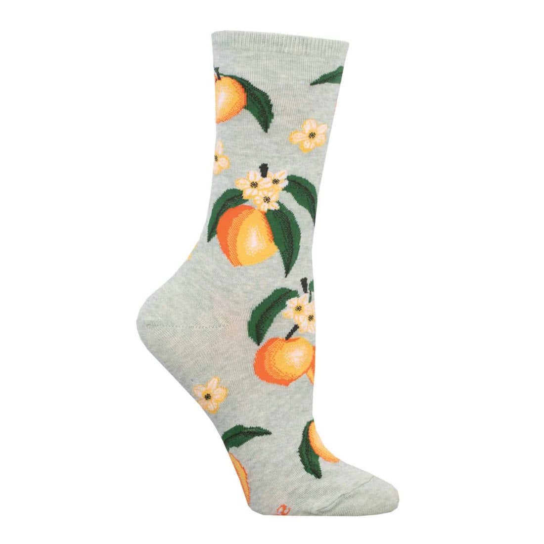 A single Socksmith Sweet Peach Crew sock with a colorful pattern of peaches and flowers on a light gray background.