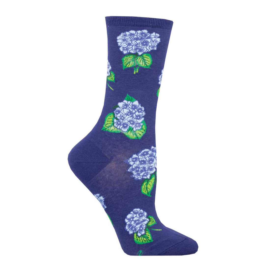 A single SOCKSMITH HYDRANGEAS CREW SOCKS NAVY - WOMENS with a pattern of green leaves and light blue hydrangea flowers, perfect for those who love picture-perfect flowers, isolated on a white background.