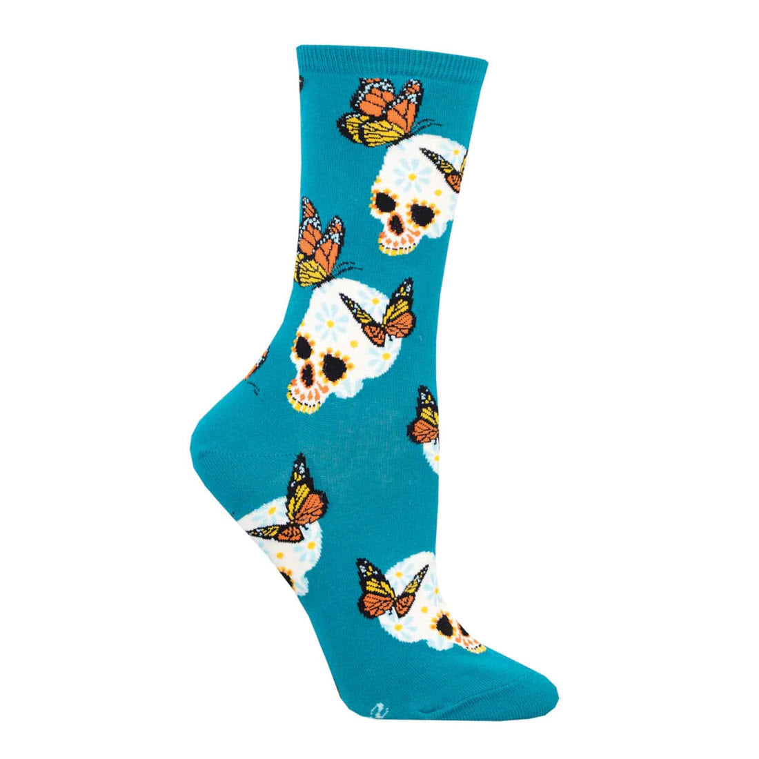 A single SOCKSMITH METAMORPHOSIS CREW SOCK in teal featuring a pattern of orange butterflies and white skulls, perfect for those who embrace change.