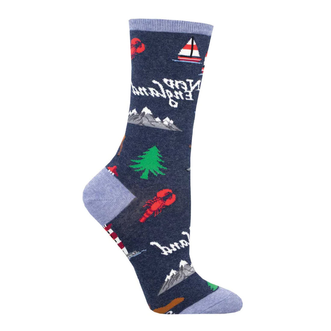 A Socksmith New England Crew Socks Blue - Women featuring colorful patterns of mountains, trees, a lighthouse, a sailboat, and lobsters.