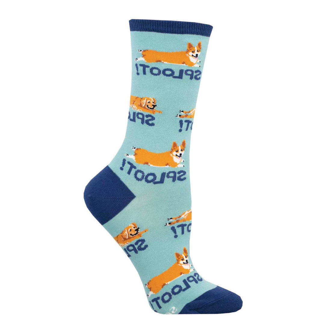 A *(brand name)* sock featuring a pattern of playful orange and white corgis splooting, with the word "sploot" in various orientations.