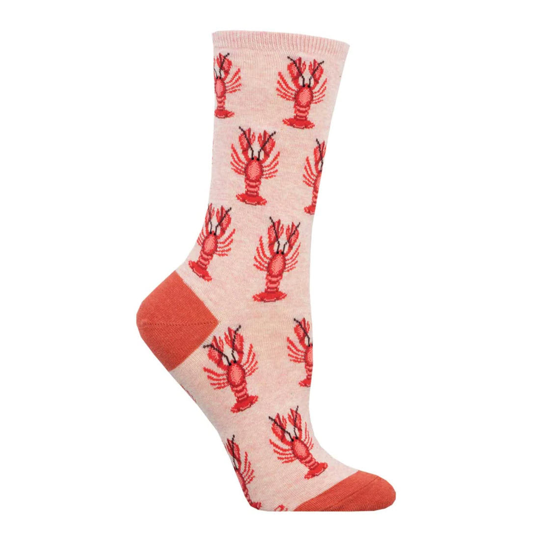 A pink SOCKSMITH LOBSTAH CREW SOCKS PINK - WOMENS with multiple red lobster designs, described as the best catch, displayed against a plain white background.