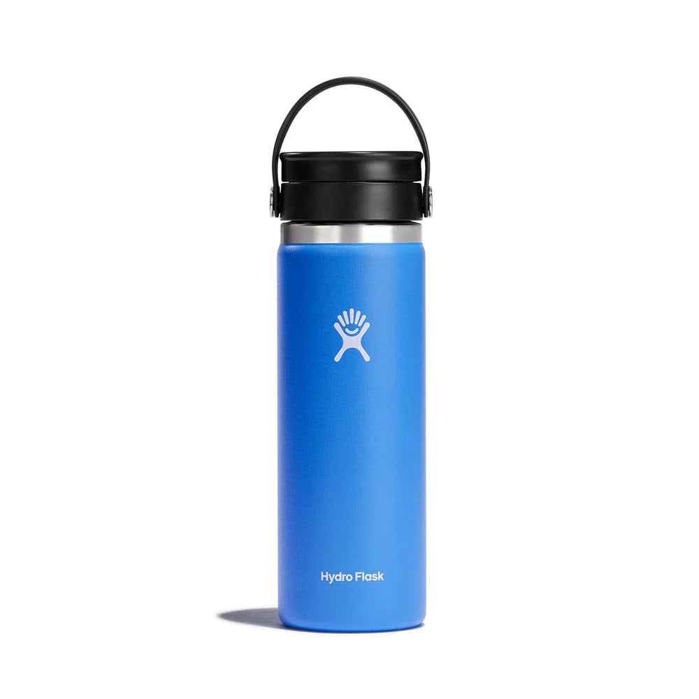Blue insulated stainless steel Hydro Flask water bottle with a black leakproof lid, featuring the brand&#39;s distinctive hand logo. The bottle is set against a plain white background.