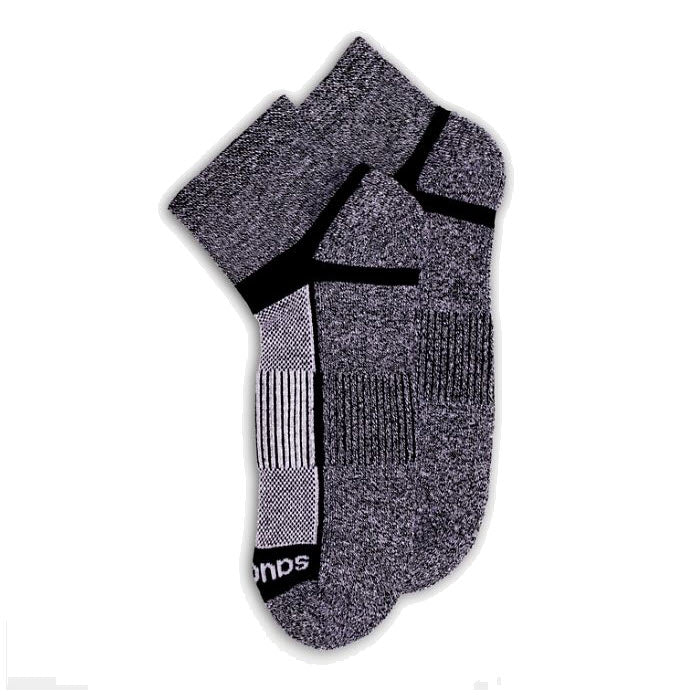 Pair of Saucony Inferno Cushion Quarter Socks in black/white with various textured patterns, featuring RunDry Pro Moisture Control and the brand logo on the foot, displayed on a white background.