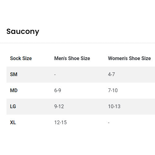 Saucony sock size chart displaying categories for men&#39;s and women&#39;s shoe sizes, pinpointing correlation with Saucony Inferno Cushion Quarter Black/White sizes sm, md, lg, and xl.