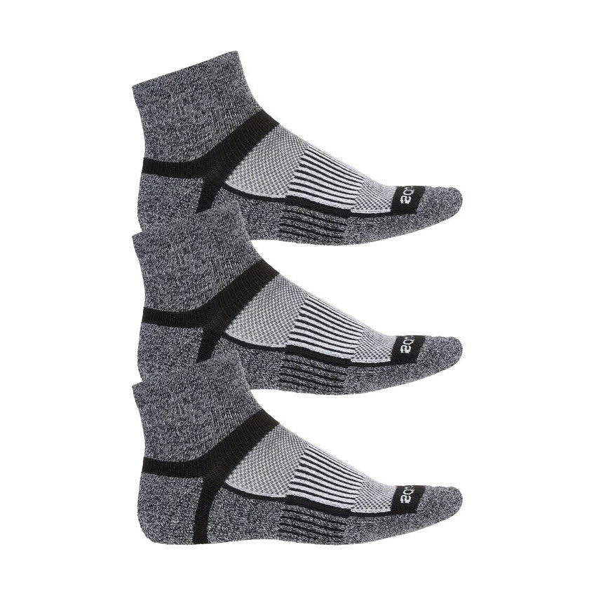 Four pairs of Saucony Inferno Cushion Quarter Black/White socks arranged in a staggered line, featuring gray and black stripes with white ankle details.