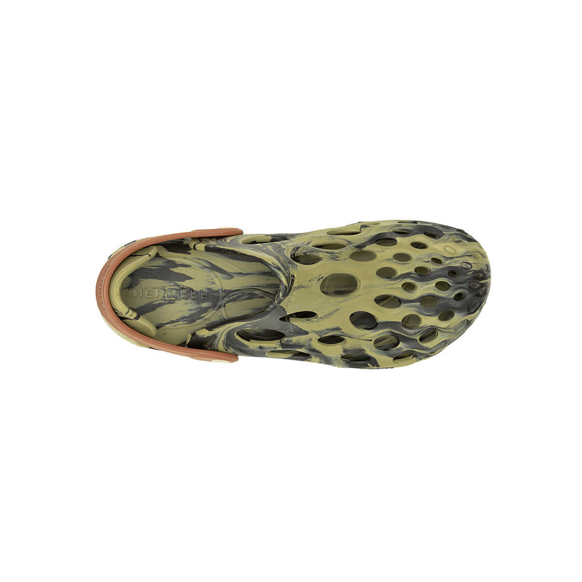 A single camouflage-patterned Merrell Hydro Moc with numerous ventilation holes and a pivoting heel strap, displayed against a white background.