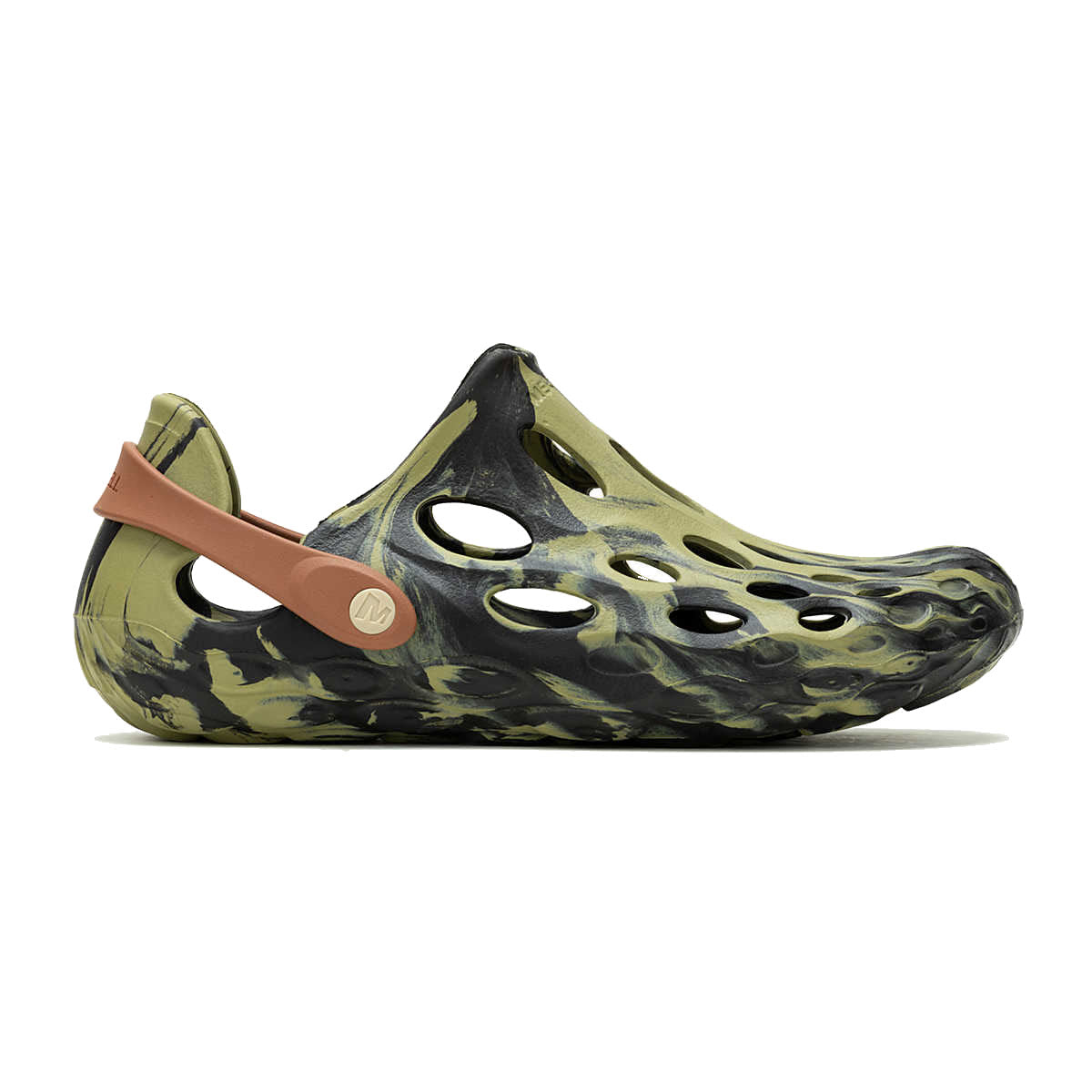 A single MERRELL HYDRO MOC SLIP ON BLACK MOSSTONE CAMO with circular ventilation holes and a pivoting heel strap.